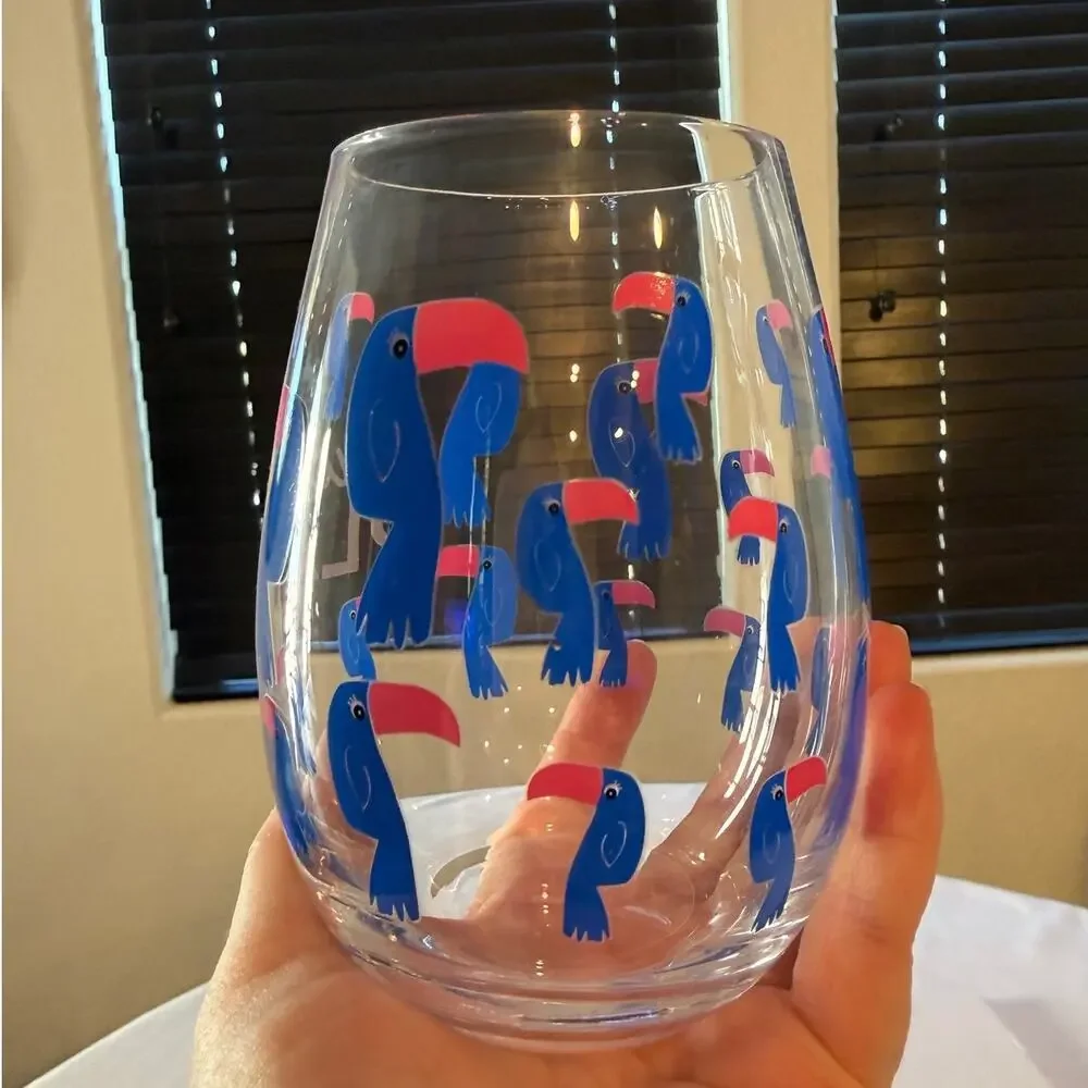 Set of 2 Tropical Summer Stemless Wine Glasses-Pineapple & Toucan Designs